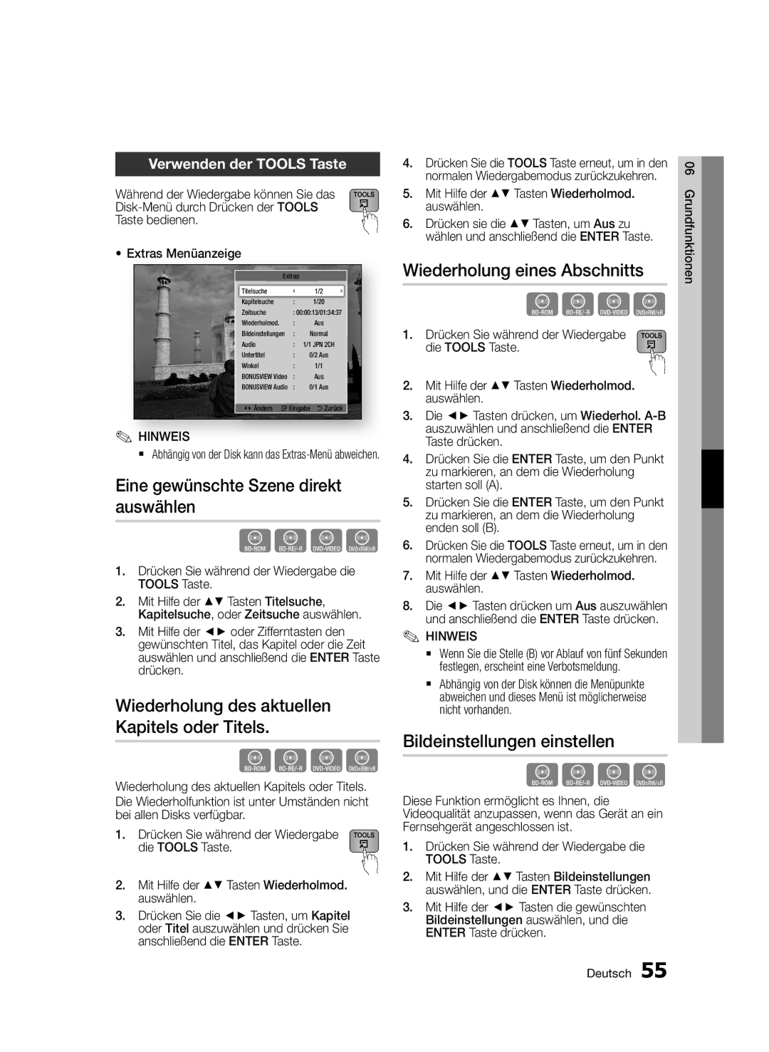 Samsung BD-D6900/EN, BD-D6900/XN Eine gewünschte Szene direkt auswählen, Wiederholung des aktuellen Kapitels oder Titels 