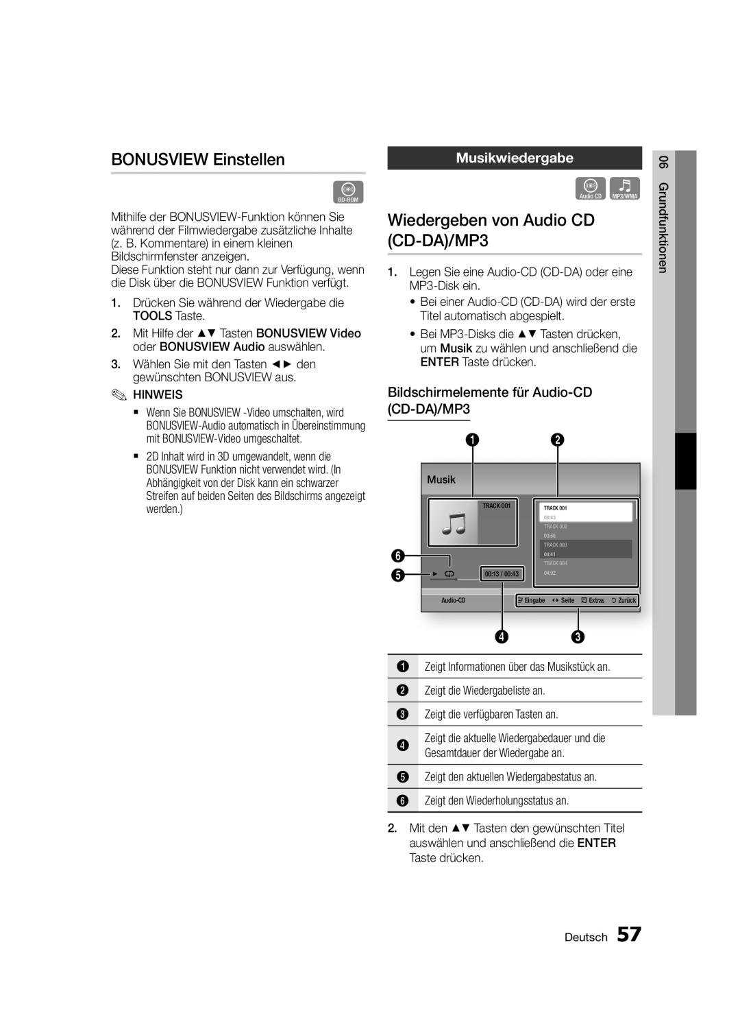 Samsung BD-D6900/XN, BD-D6900/EN, BD-D6900/ZF Bonusview Einstellen, Wiedergeben von Audio CD CD-DA/MP3, Musikwiedergabe 