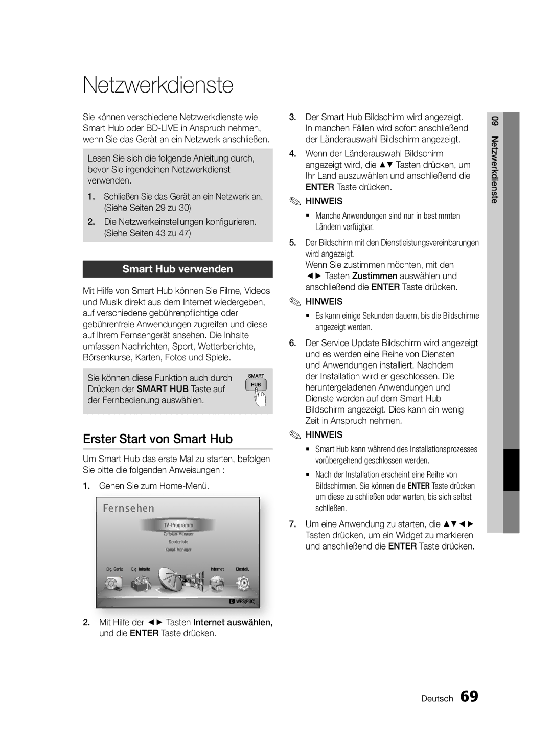 Samsung BD-D6900/XN manual Netzwerkdienste, Erster Start von Smart Hub, Smart Hub verwenden, Und die Enter Taste drücken 