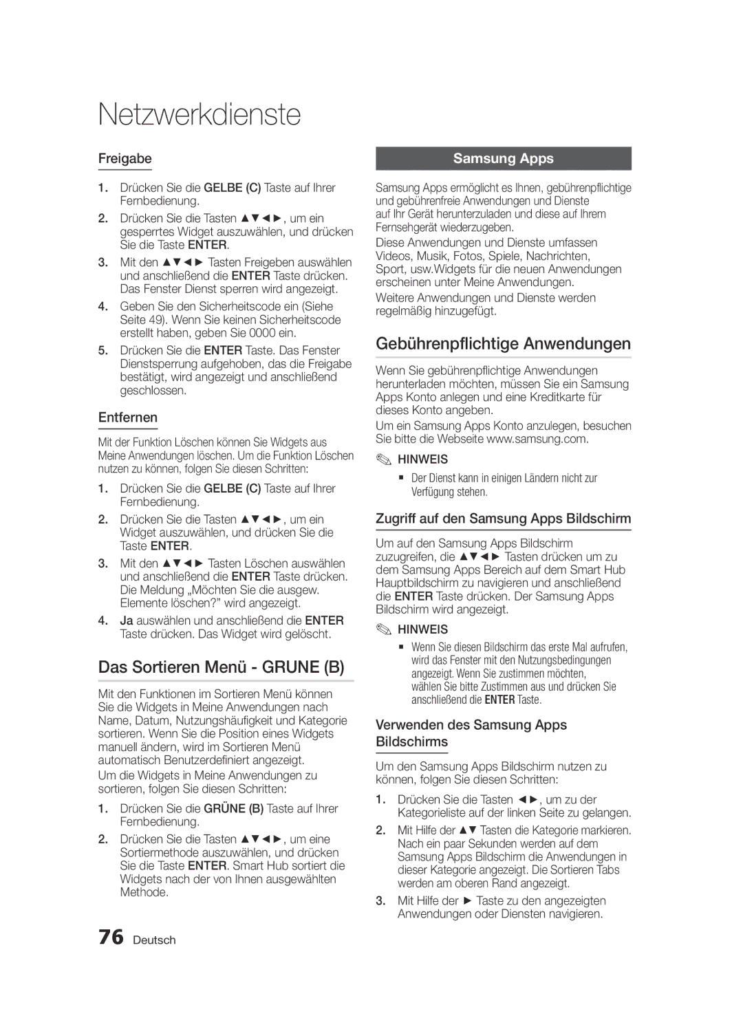 Samsung BD-D6900/EN, BD-D6900/XN, BD-D6900/ZF manual Das Sortieren Menü Grune B, Gebührenpflichtige Anwendungen 