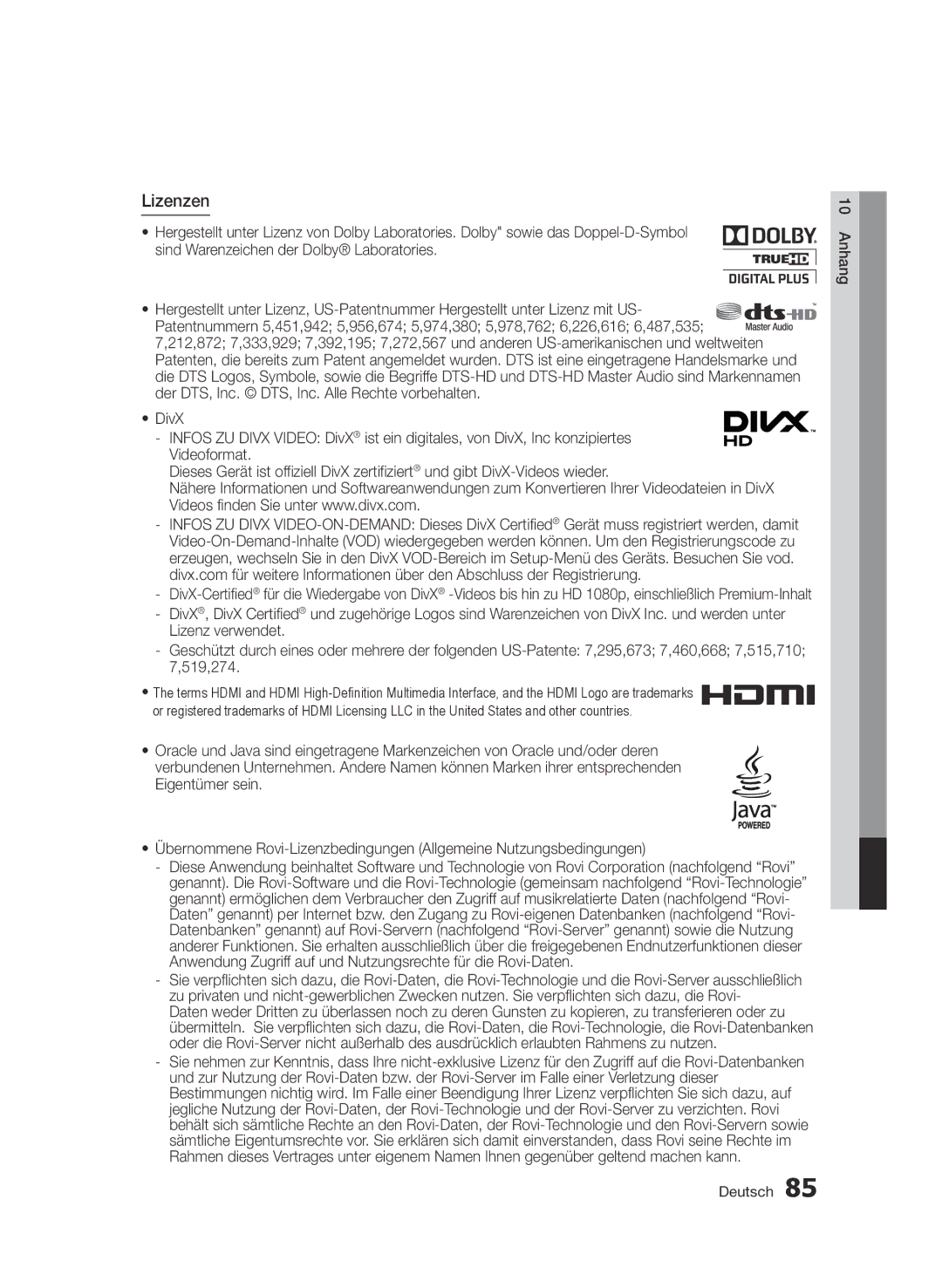 Samsung BD-D6900/EN, BD-D6900/XN, BD-D6900/ZF manual Lizenzen 