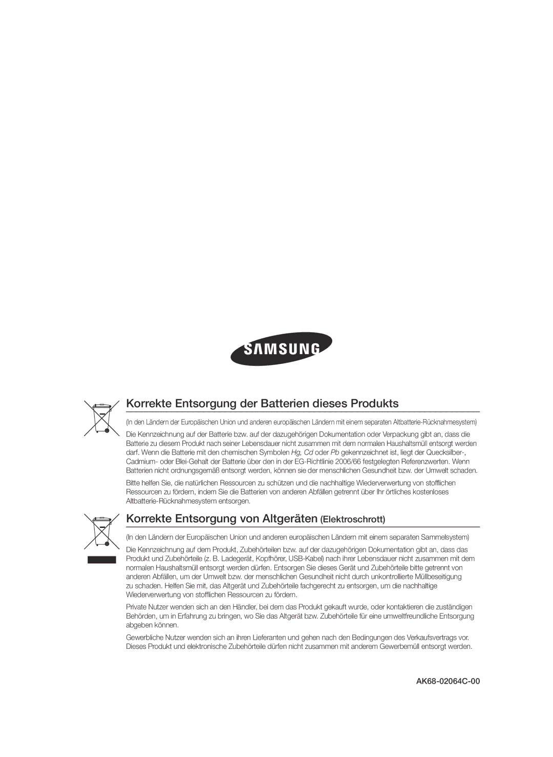 Samsung BD-D6900/ZF, BD-D6900/XN, BD-D6900/EN manual Korrekte Entsorgung der Batterien dieses Produkts 