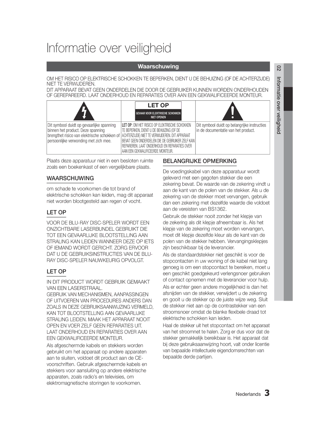 Samsung BD-D6900/ZF, BD-D6900/XN, BD-D6900/EN manual Informatie over veiligheid, Waarschuwing 