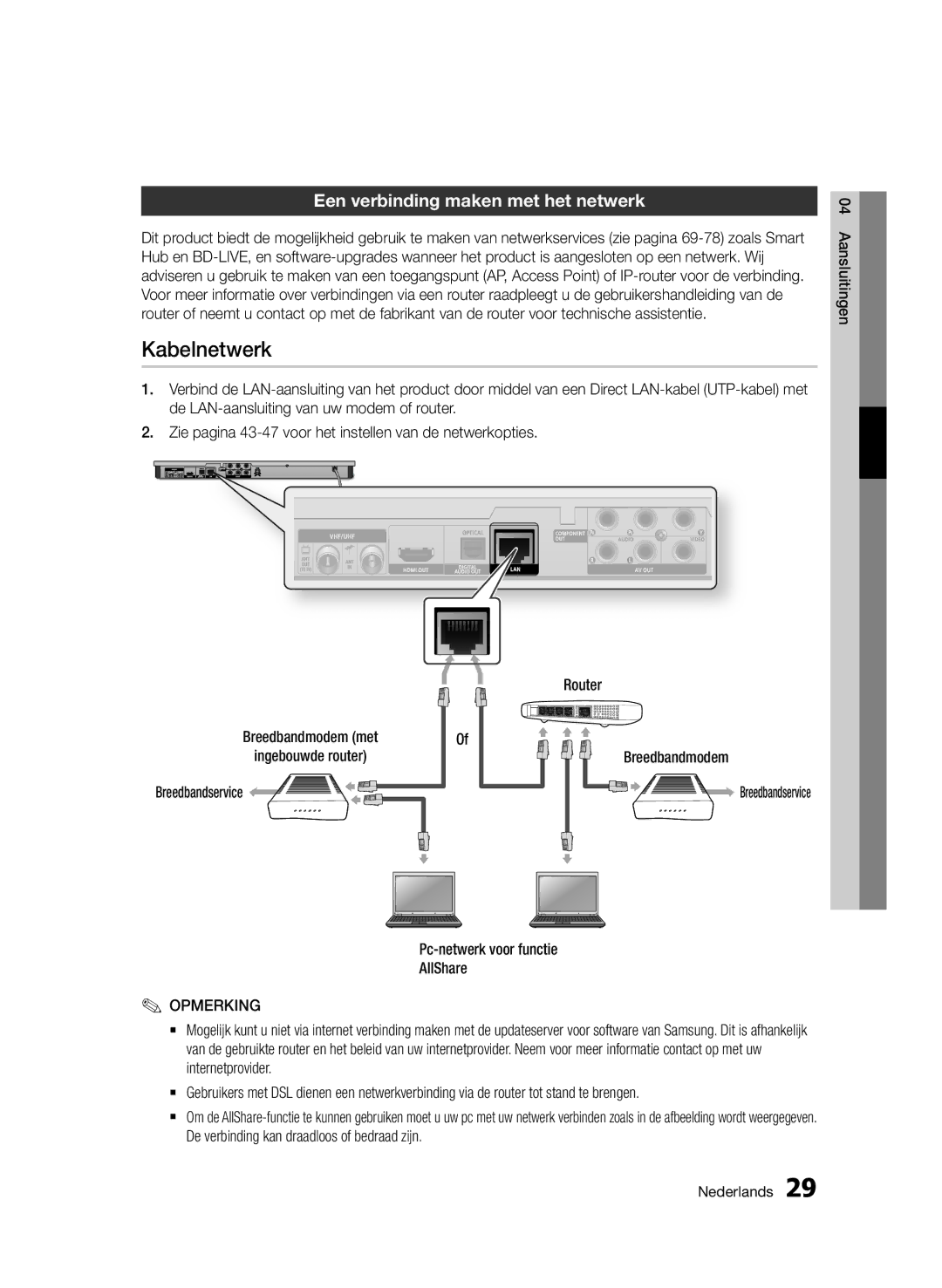 Samsung BD-D6900/EN, BD-D6900/XN manual Kabelnetwerk, Een verbinding maken met het netwerk, Breedbandmodem, Breedbandservice 