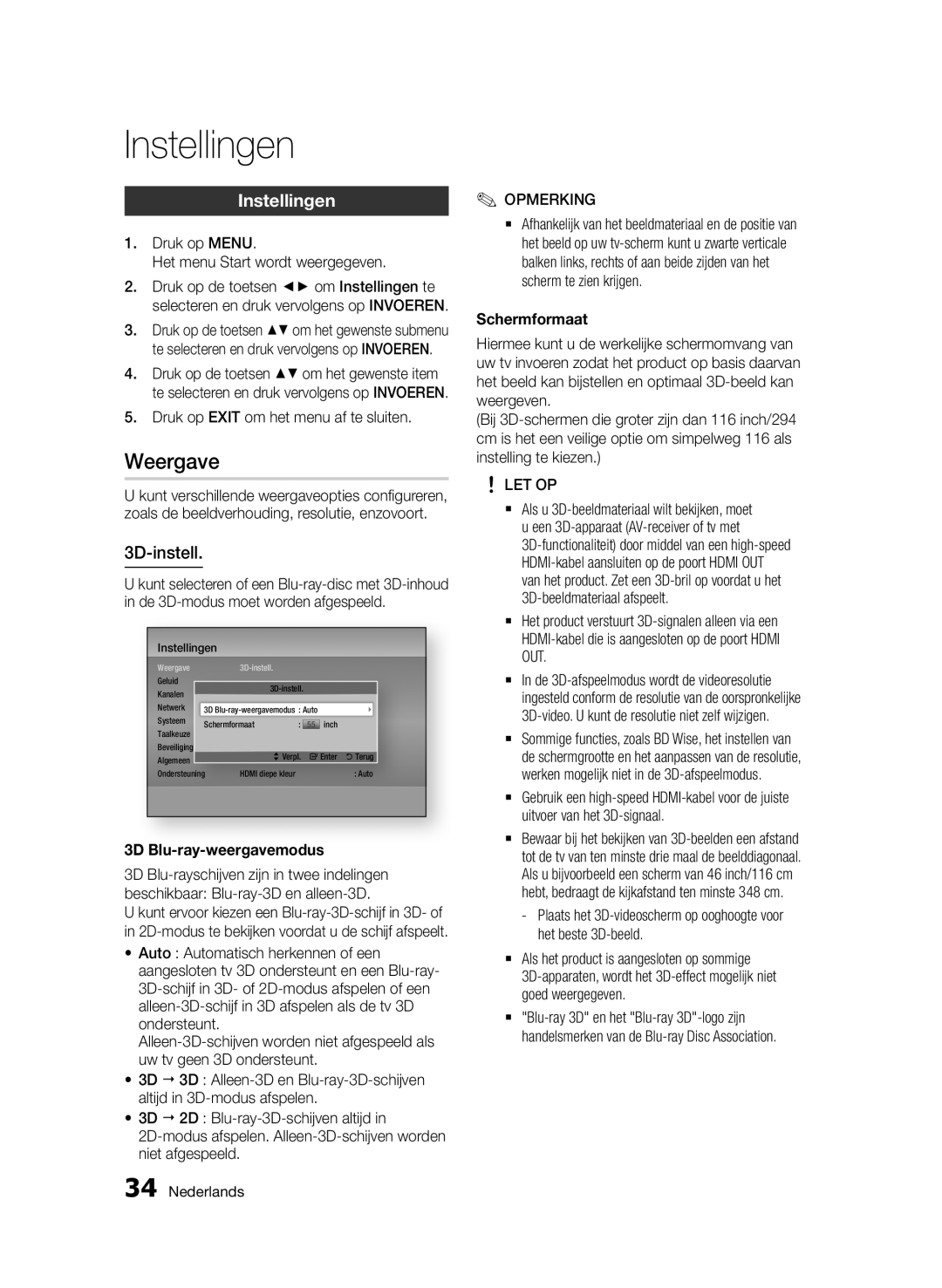 Samsung BD-D6900/XN, BD-D6900/EN, BD-D6900/ZF Weergave, Instellingen, 3D-instell, 3D Blu-ray-weergavemodus, Schermformaat 