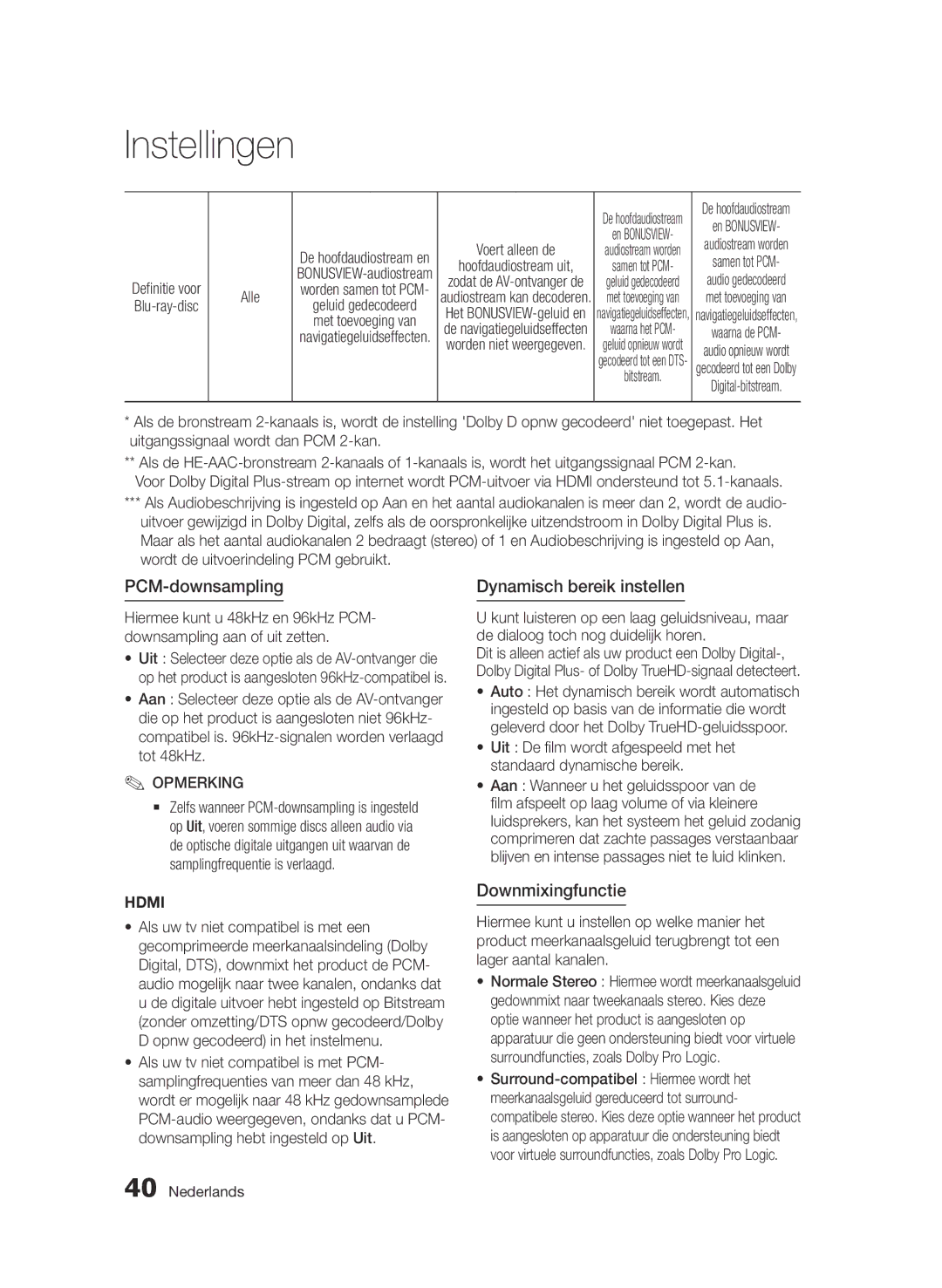 Samsung BD-D6900/XN, BD-D6900/EN, BD-D6900/ZF manual Dynamisch bereik instellen, Downmixingfunctie 