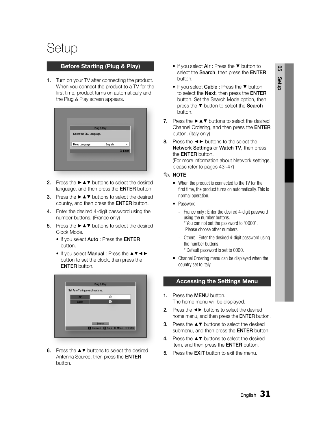 Samsung BD-D6900/EN, BD-D6900/XN, BD-D6900/ZF manual Setup, Before Starting Plug & Play, Accessing the Settings Menu 