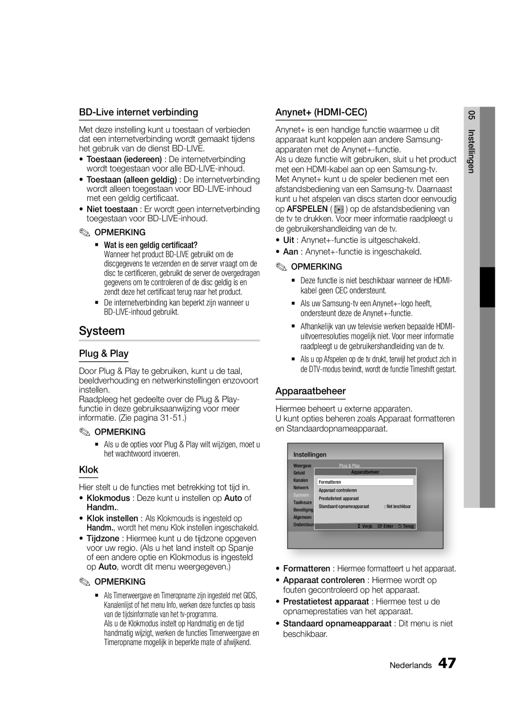 Samsung BD-D6900/EN manual Systeem, BD-Live internet verbinding, Klok, Apparaatbeheer, `` Wat is een geldig certificaat? 