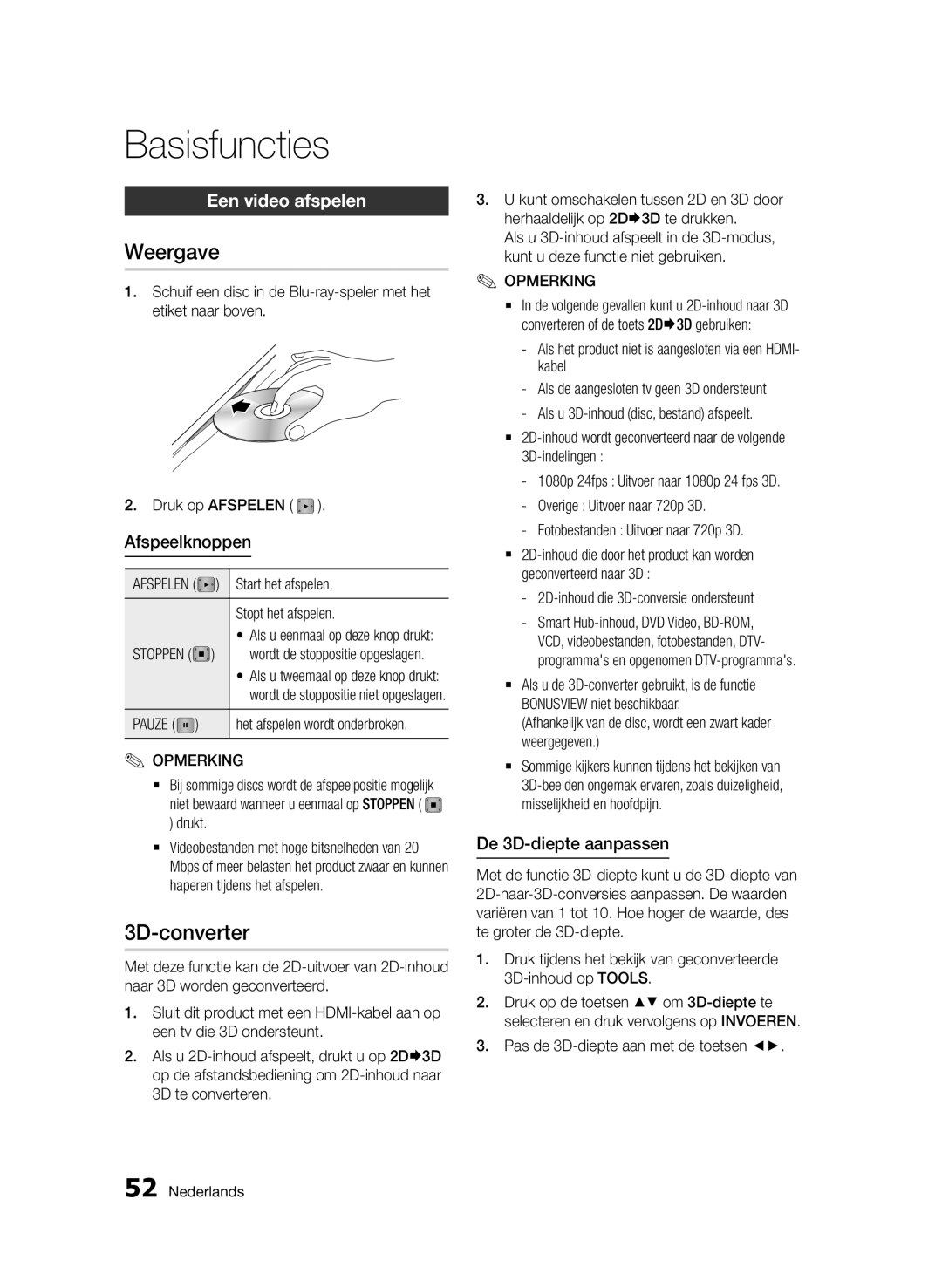 Samsung BD-D6900/XN, BD-D6900/EN Basisfuncties, 3D-converter, Een video afspelen, Afspeelknoppen, De 3D-diepte aanpassen 