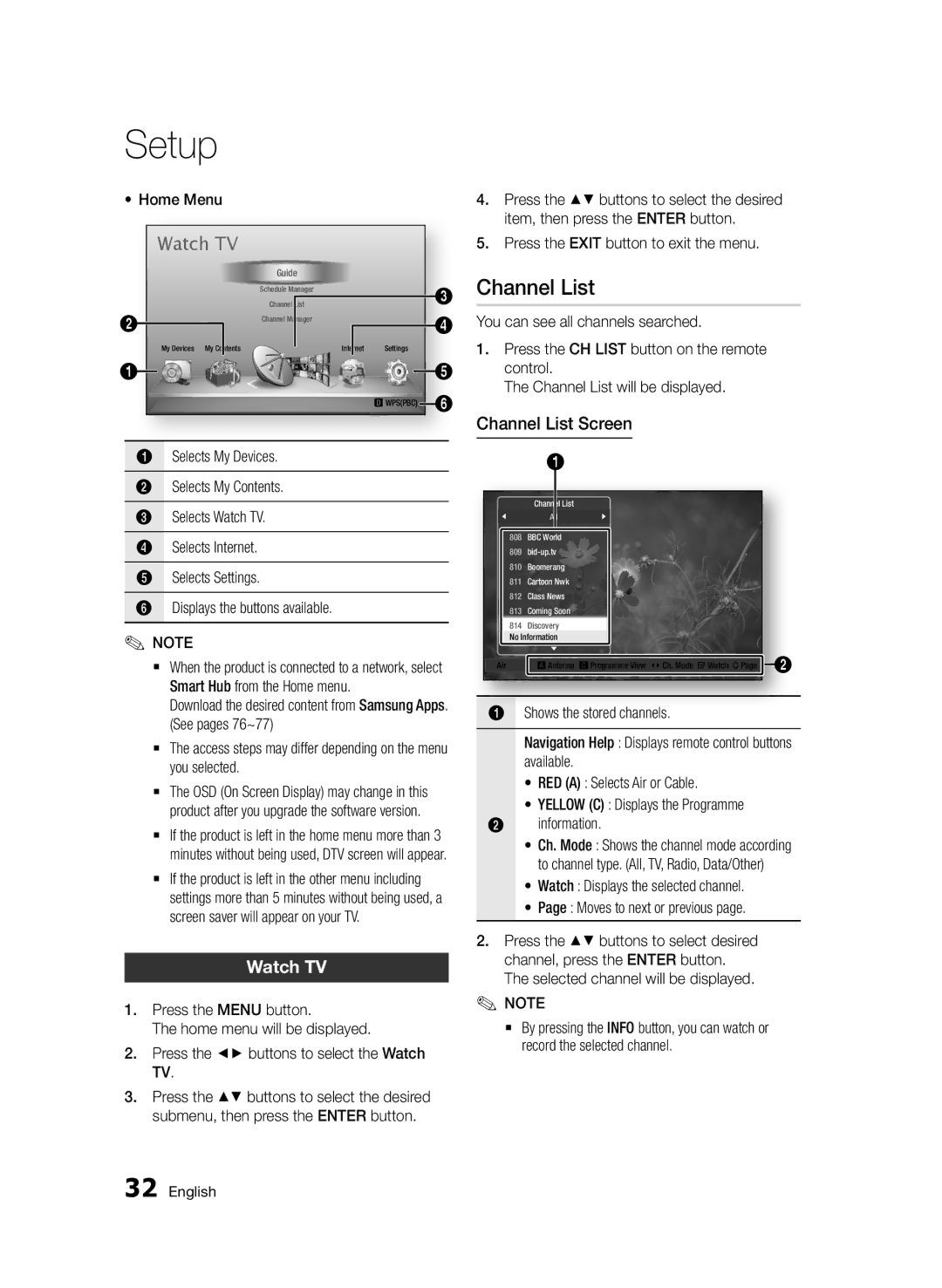 Samsung BD-D6900/ZF, BD-D6900/XN, BD-D6900/EN manual Watch TV, Channel List Screen 