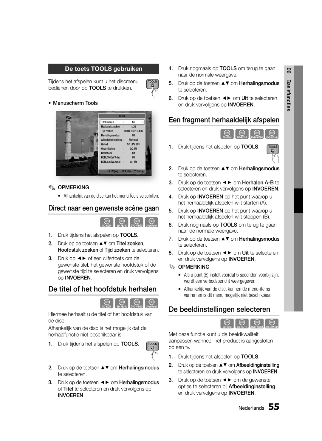 Samsung BD-D6900/XN De titel of het hoofdstuk herhalen, Een fragment herhaaldelijk afspelen, De toets Tools gebruiken 