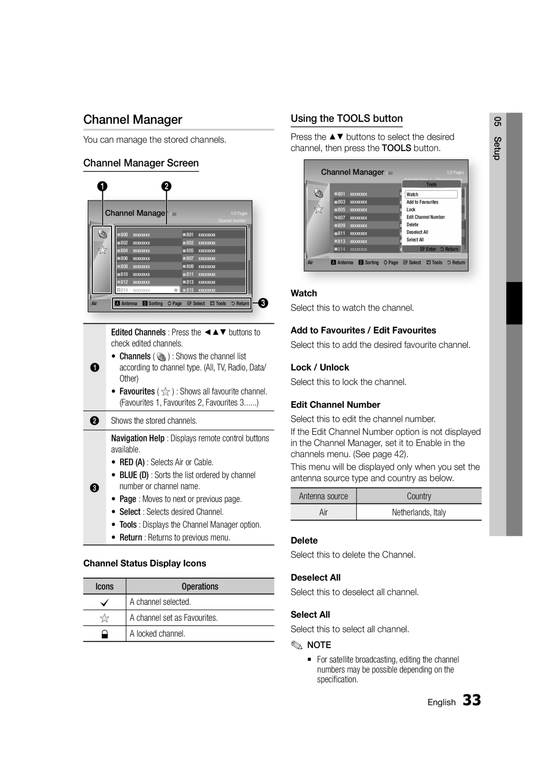 Samsung BD-D6900/XN, BD-D6900/EN, BD-D6900/ZF manual Channel Manager Screen, Using the Tools button 