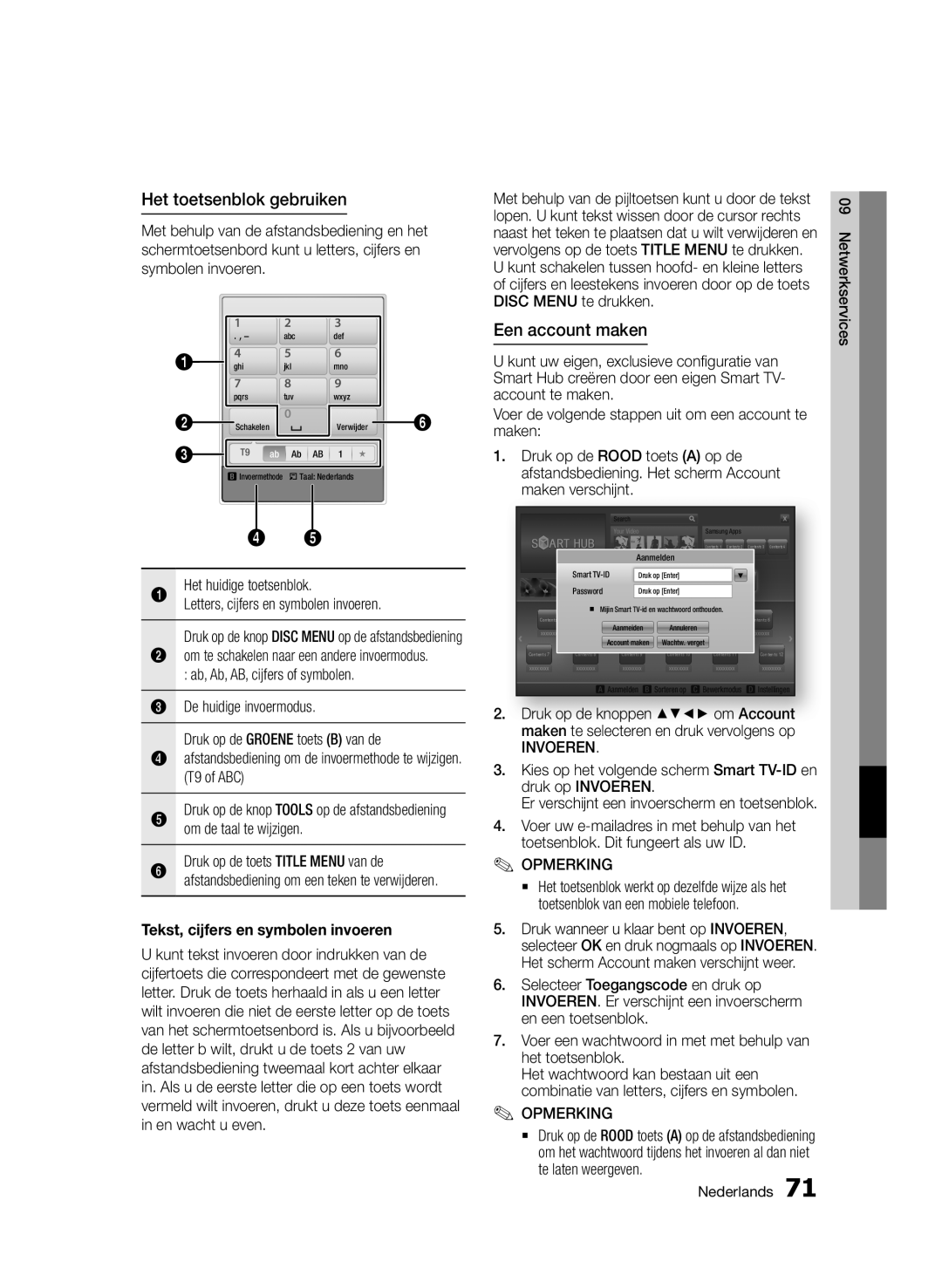 Samsung BD-D6900/EN, BD-D6900/XN manual Het toetsenblok gebruiken, Een account maken, Tekst, cijfers en symbolen invoeren 