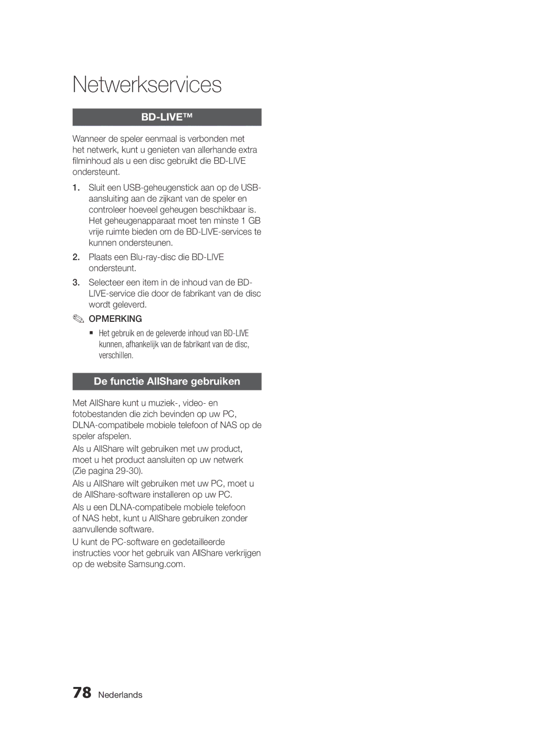 Samsung BD-D6900/ZF, BD-D6900/XN, BD-D6900/EN manual De functie AllShare gebruiken 