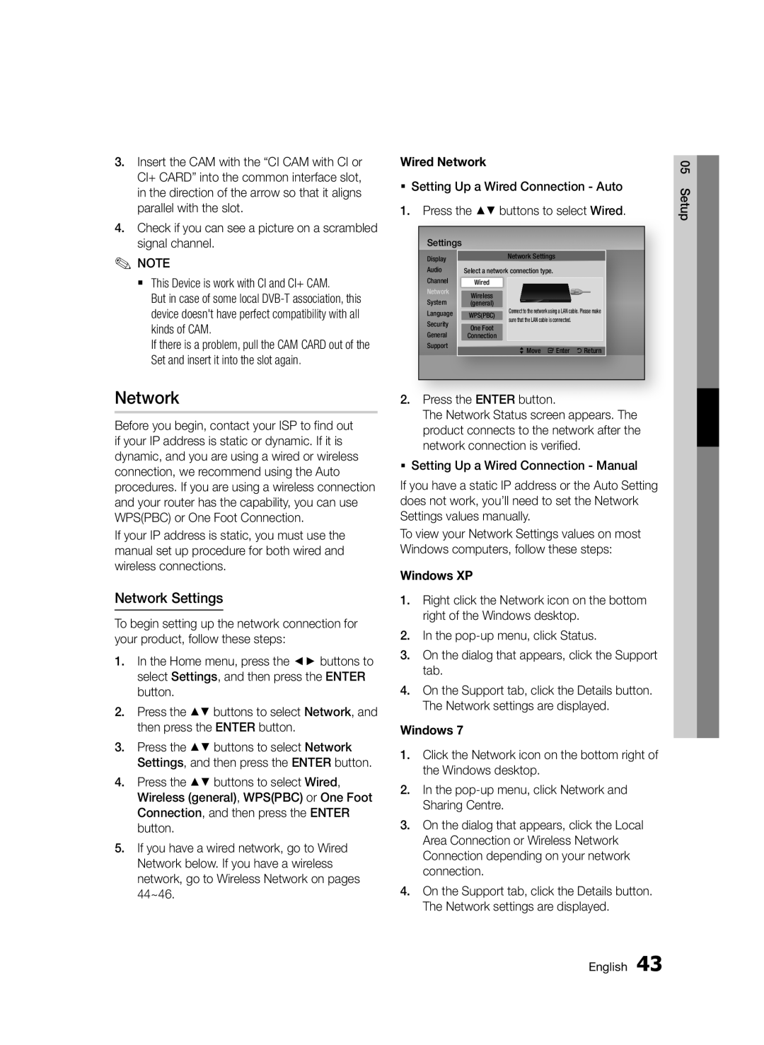 Samsung BD-D6900/EN, BD-D6900/XN, BD-D6900/ZF manual Network Settings, Wired Network, Windows XP 