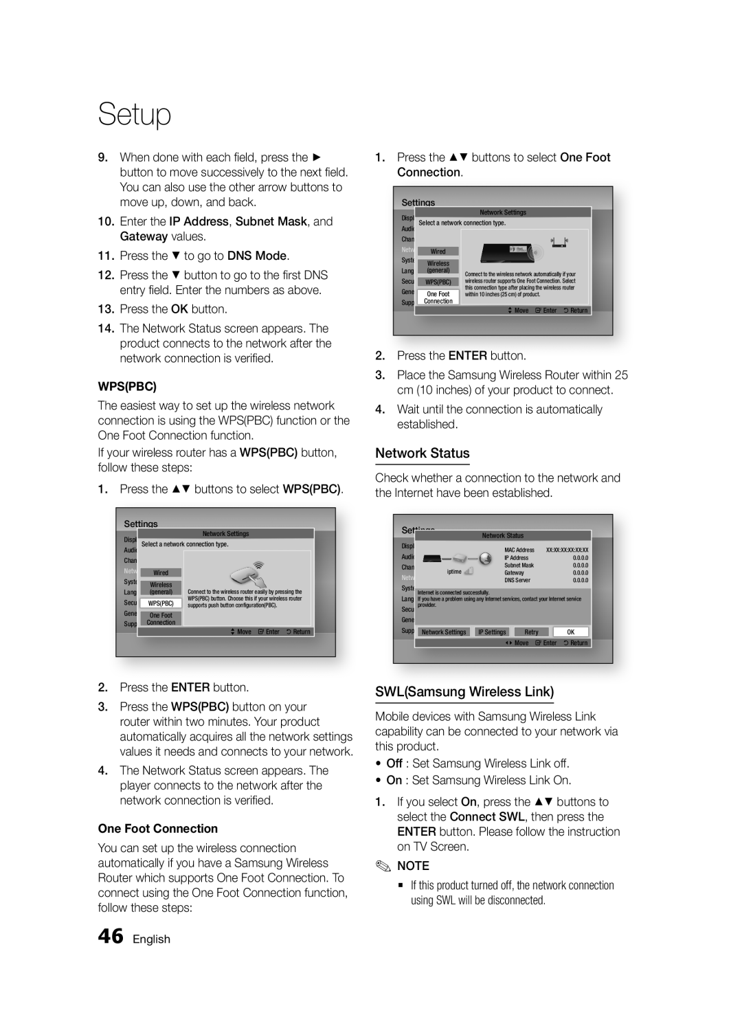 Samsung BD-D6900/EN, BD-D6900/XN manual Network Status, SWLSamsung Wireless Link, Press the OK button, One Foot Connection 