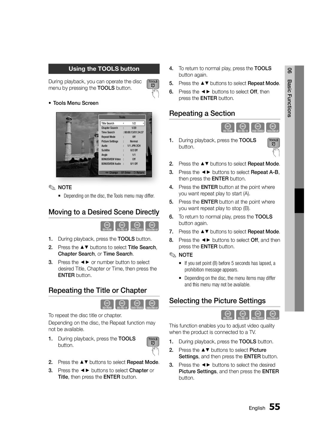 Samsung BD-D6900/EN, BD-D6900/XN Moving to a Desired Scene Directly, Repeating the Title or Chapter, Repeating a Section 