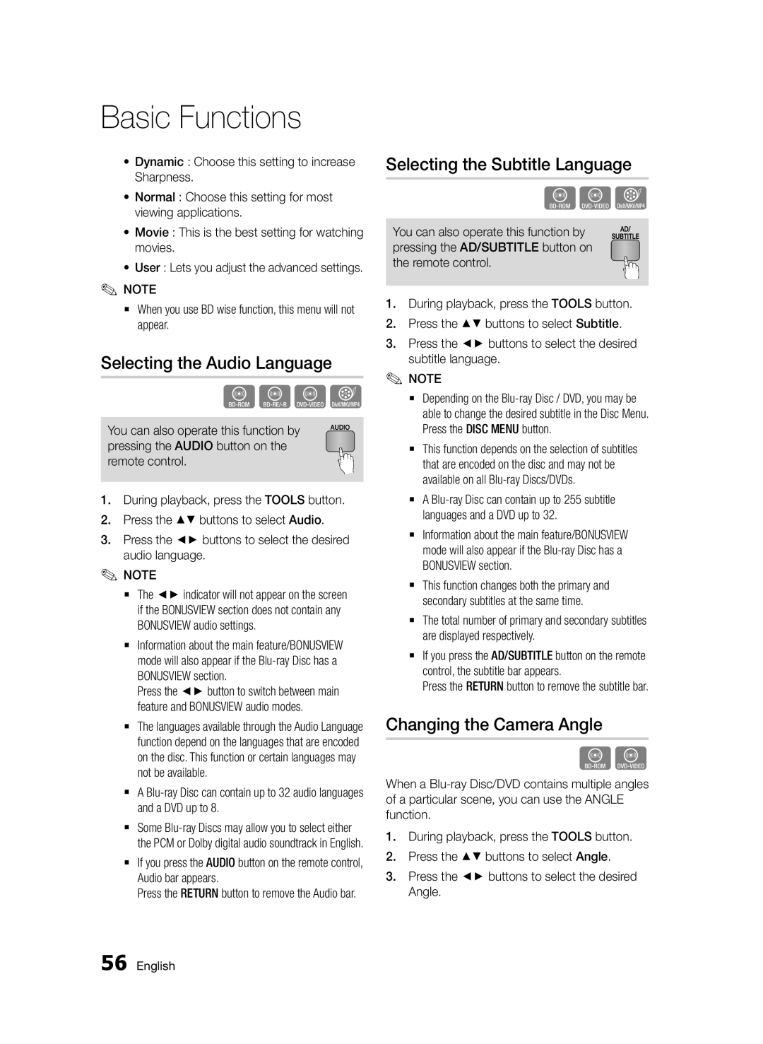 Samsung BD-D6900/ZF, BD-D6900/XN Selecting the Audio Language, Selecting the Subtitle Language, Changing the Camera Angle 