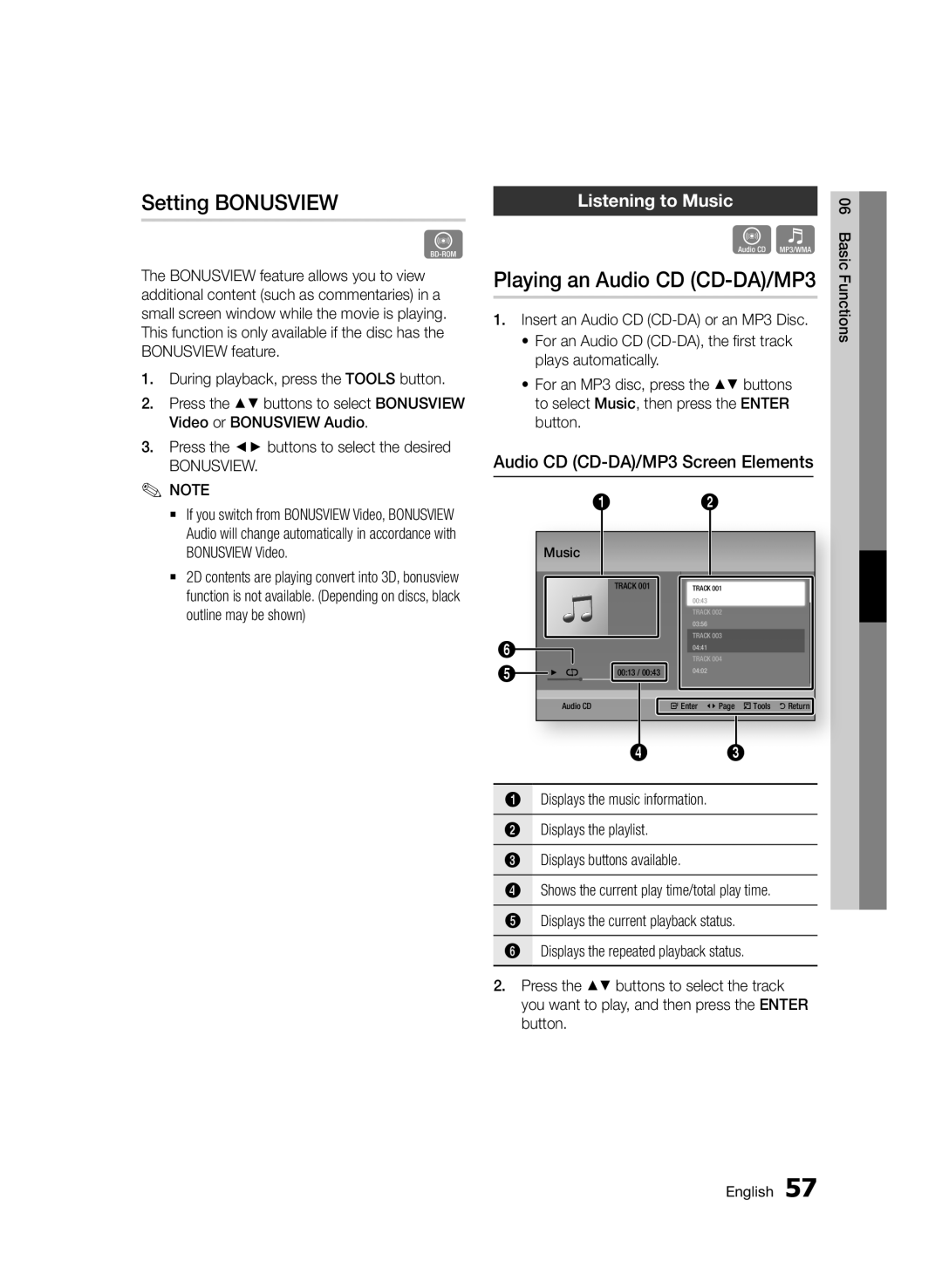 Samsung BD-D6900/XN, BD-D6900/EN, BD-D6900/ZF manual Setting Bonusview, Playing an Audio CD CD-DA/MP3, Listening to Music 