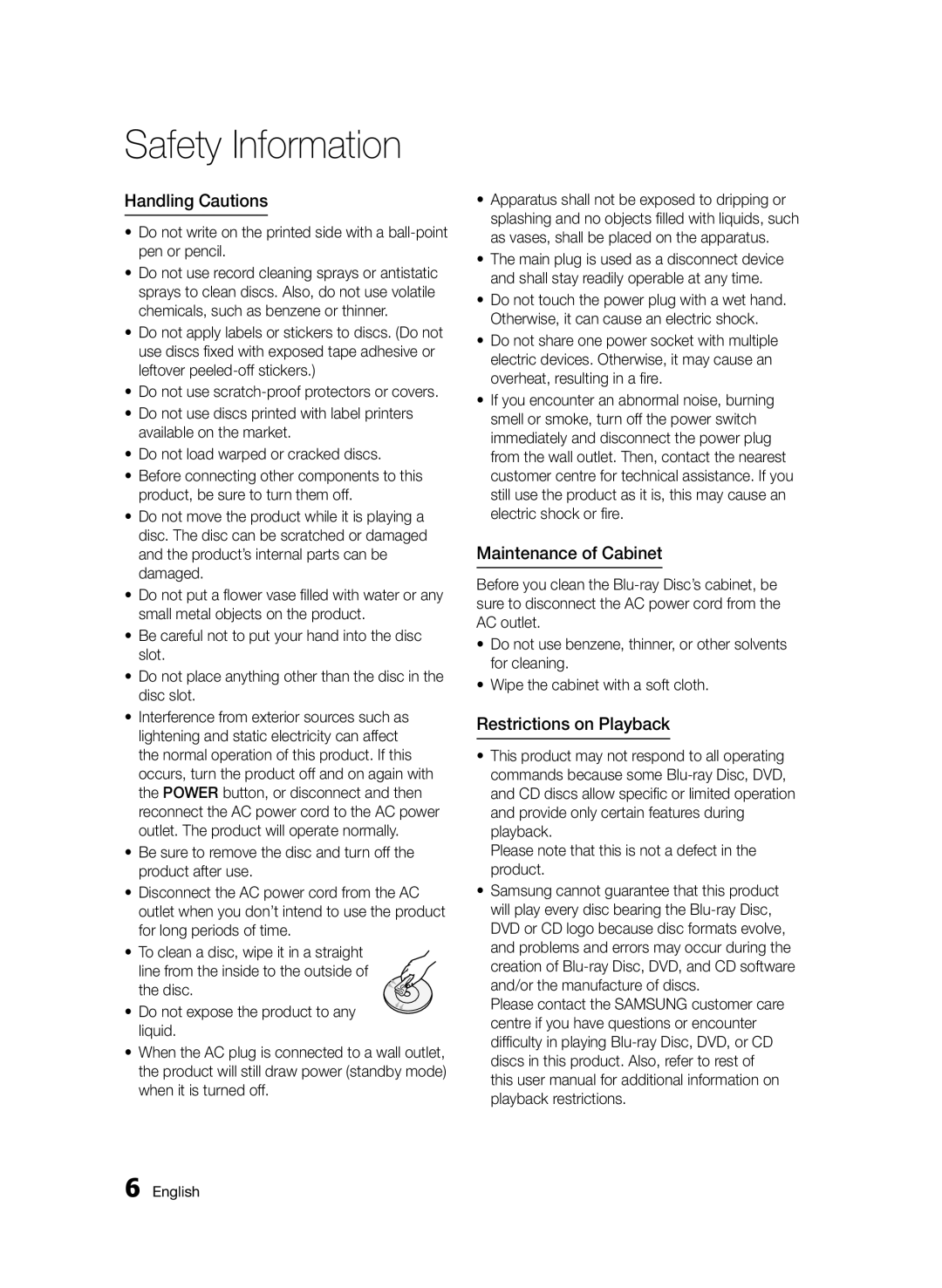 Samsung BD-D6900/XN, BD-D6900/EN, BD-D6900/ZF manual Handling Cautions, Maintenance of Cabinet, Restrictions on Playback 