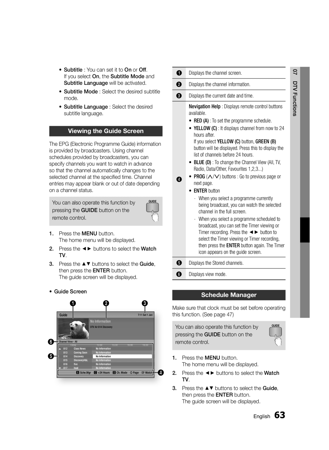 Samsung BD-D6900/XN, BD-D6900/EN, BD-D6900/ZF manual Viewing the Guide Screen, Schedule Manager, Displays the channel screen 