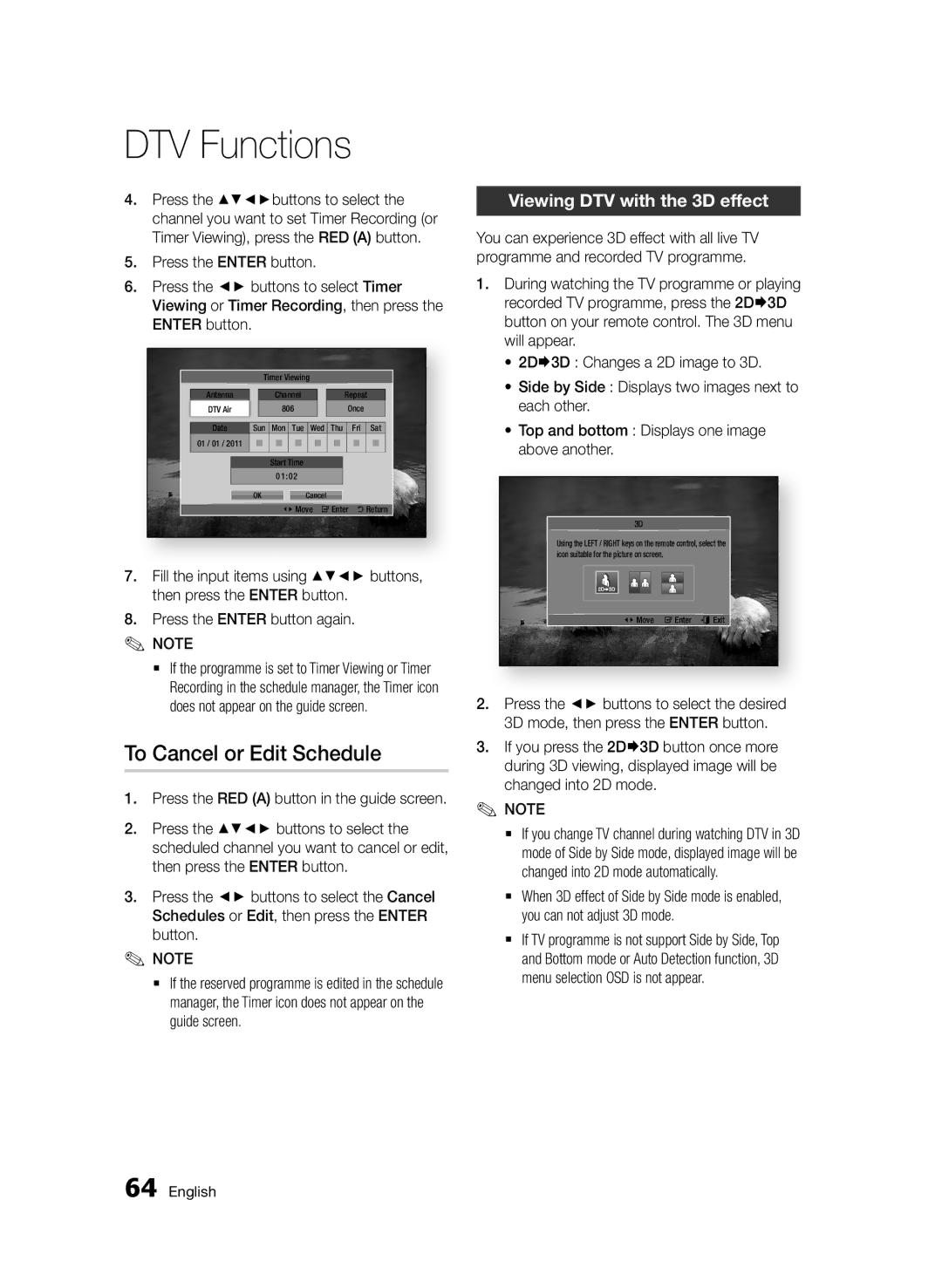 Samsung BD-D6900/EN, BD-D6900/XN, BD-D6900/ZF manual To Cancel or Edit Schedule, Viewing DTV with the 3D effect 