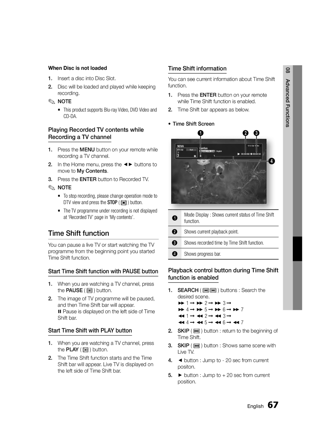 Samsung BD-D6900/EN Time Shift function, Playing Recorded TV contents while Recording a TV channel, Time Shift information 