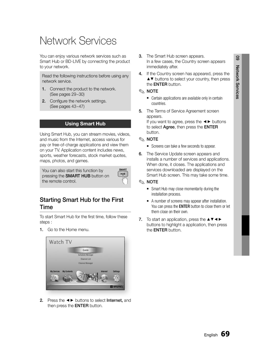 Samsung BD-D6900/XN, BD-D6900/EN, BD-D6900/ZF manual Network Services, Starting Smart Hub for the First Time, Using Smart Hub 