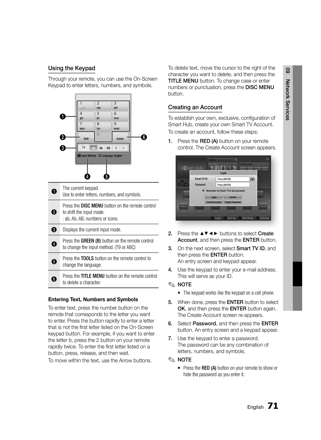 Samsung BD-D6900/ZF, BD-D6900/XN, BD-D6900/EN Using the Keypad, Creating an Account, Entering Text, Numbers and Symbols 