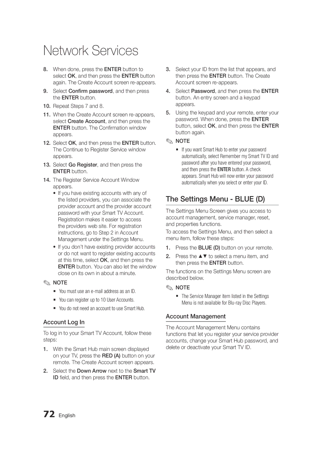 Samsung BD-D6900/XN Settings Menu Blue D, Account Log, Account Management, `` You do not need an account to use Smart Hub 