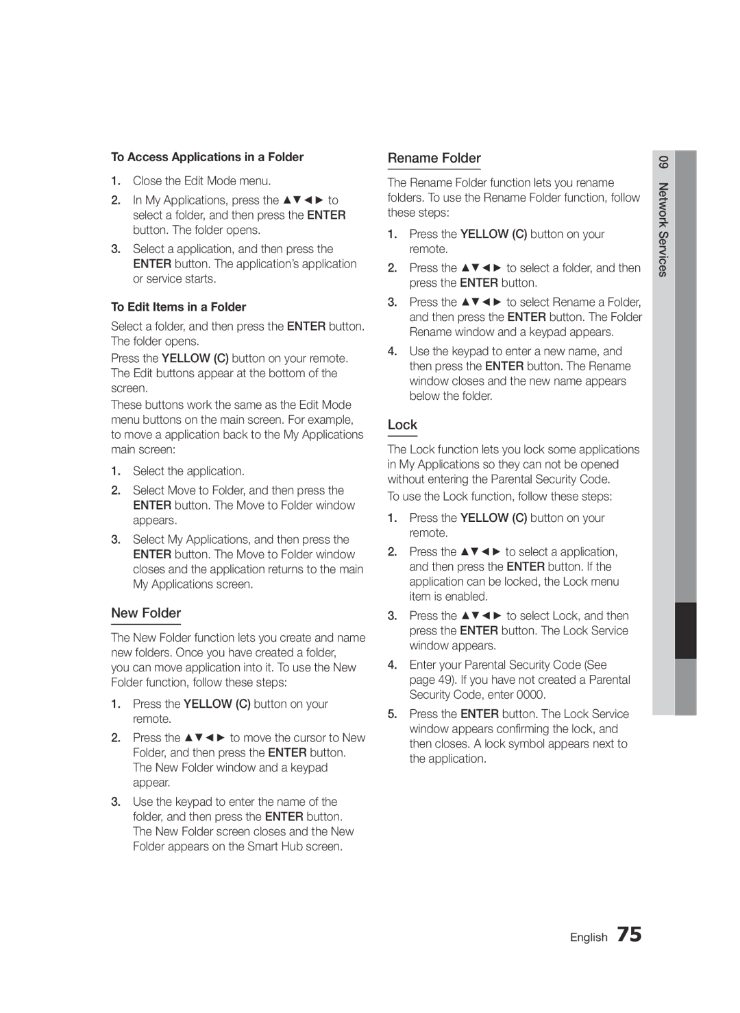 Samsung BD-D6900/XN manual New Folder, Rename Folder, Lock, To Access Applications in a Folder, To Edit Items in a Folder 