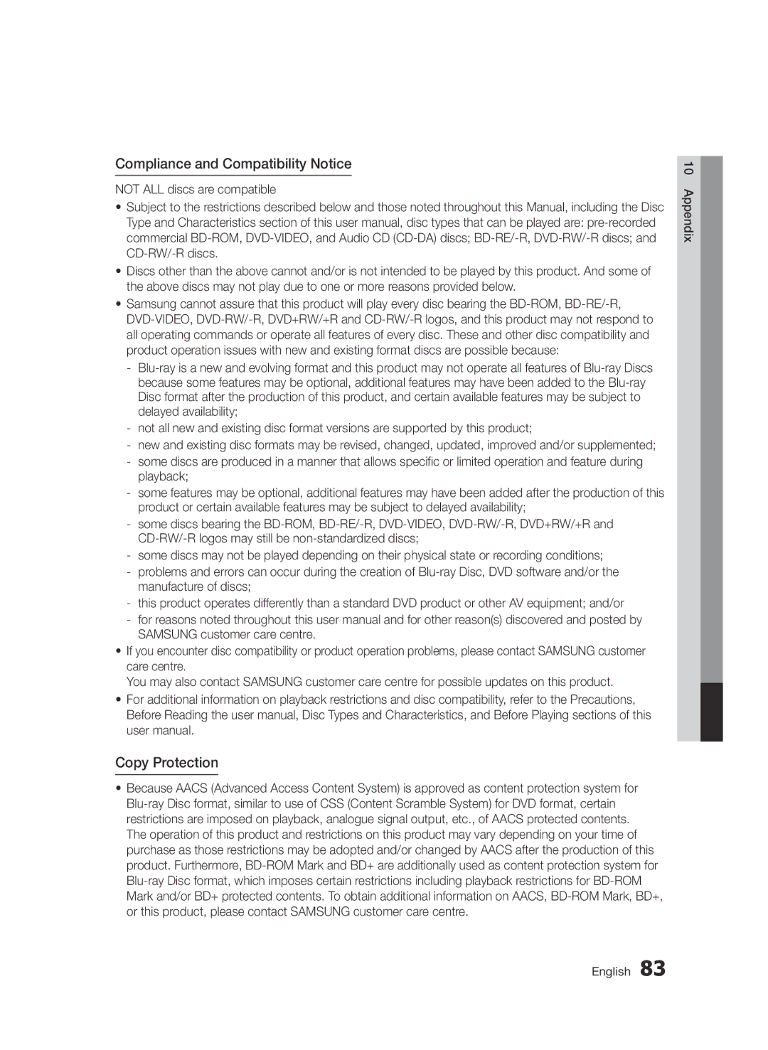 Samsung BD-D6900/ZF, BD-D6900/XN, BD-D6900/EN manual Compliance and Compatibility Notice, Copy Protection 