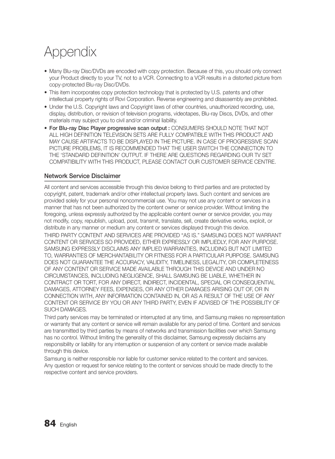 Samsung BD-D6900/XN, BD-D6900/EN, BD-D6900/ZF manual Network Service Disclaimer 