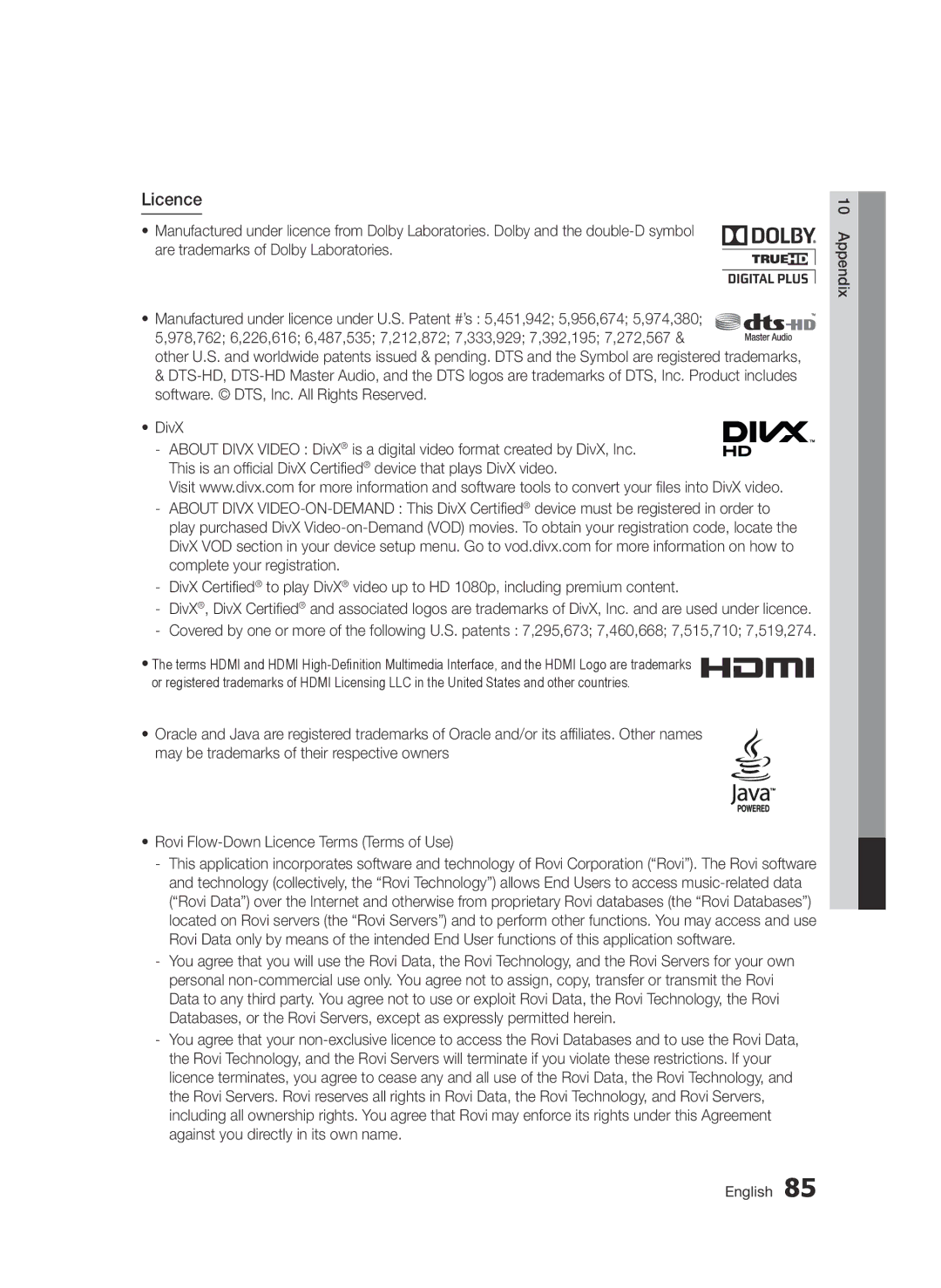 Samsung BD-D6900/EN, BD-D6900/XN, BD-D6900/ZF manual Licence, Appendix English 