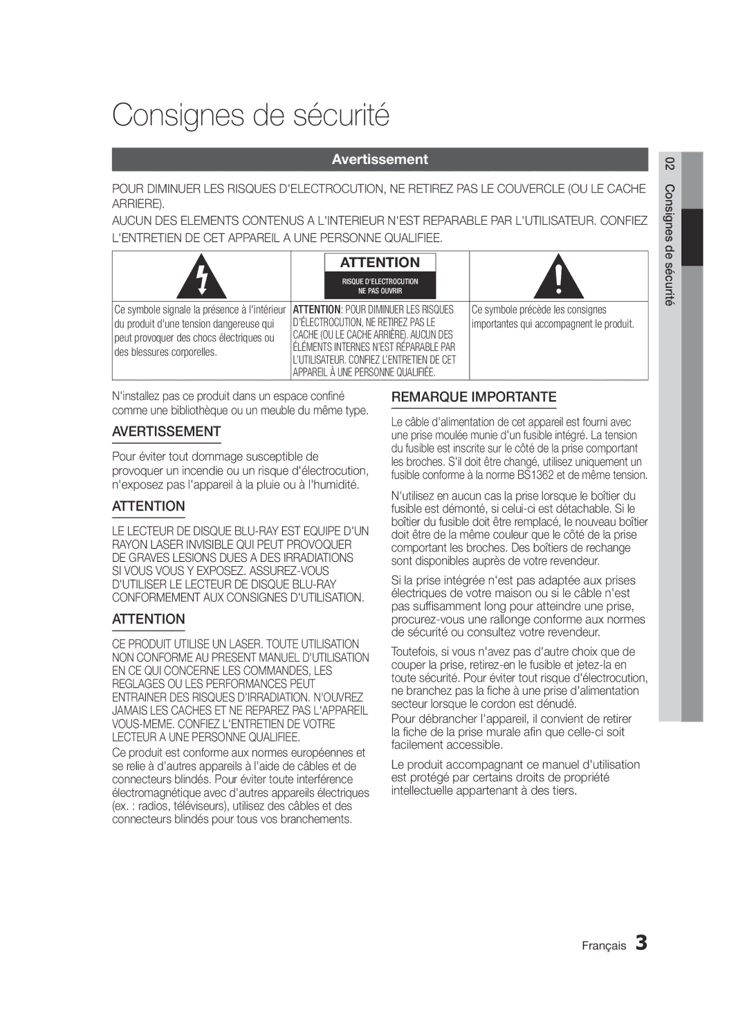 Samsung BD-D6900/EN, BD-D6900/XN, BD-D6900/ZF manual Consignes de sécurité, Avertissement 