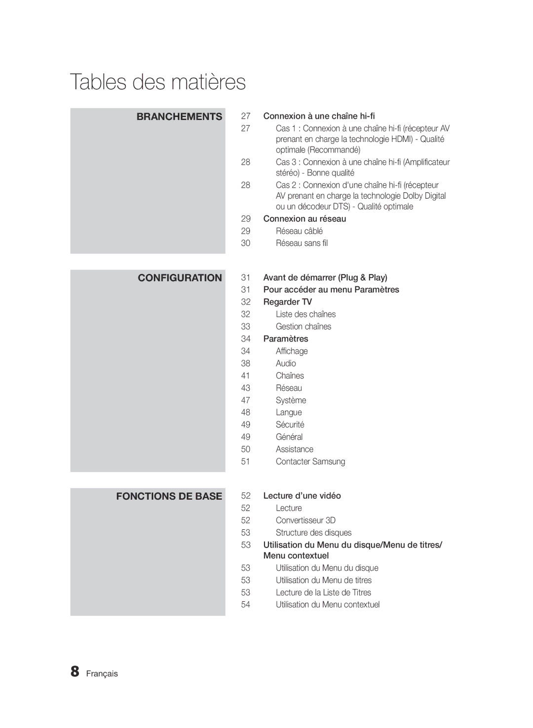 Samsung BD-D6900/XN, BD-D6900/EN, BD-D6900/ZF manual Tables des matières 