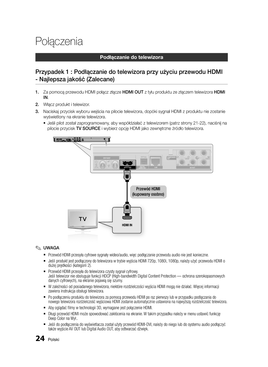 Samsung BD-D6900/ZF, BD-D6900/XN, BD-D6900/EN manual Podłączanie do telewizora, Przewód Hdmi Kupowany osobno 