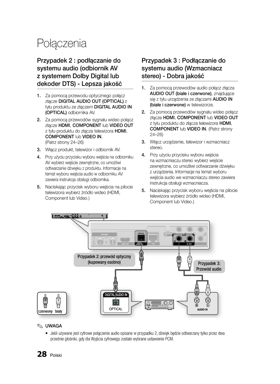 Samsung BD-D6900/XN Patrz strony Włącz produkt, telewizor i odbiornik AV, Przypadek 2 przewód optyczny, Czerwony biały 