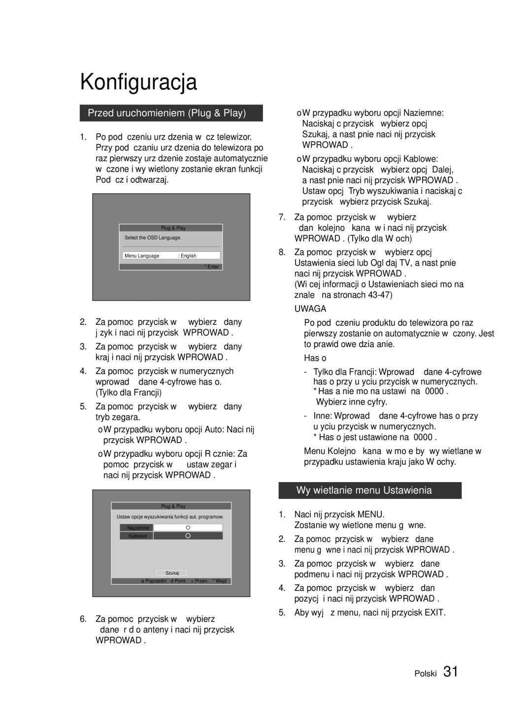 Samsung BD-D6900/XN, BD-D6900/EN, BD-D6900/ZF Konfiguracja, Przed uruchomieniem Plug & Play, Wyświetlanie menu Ustawienia 