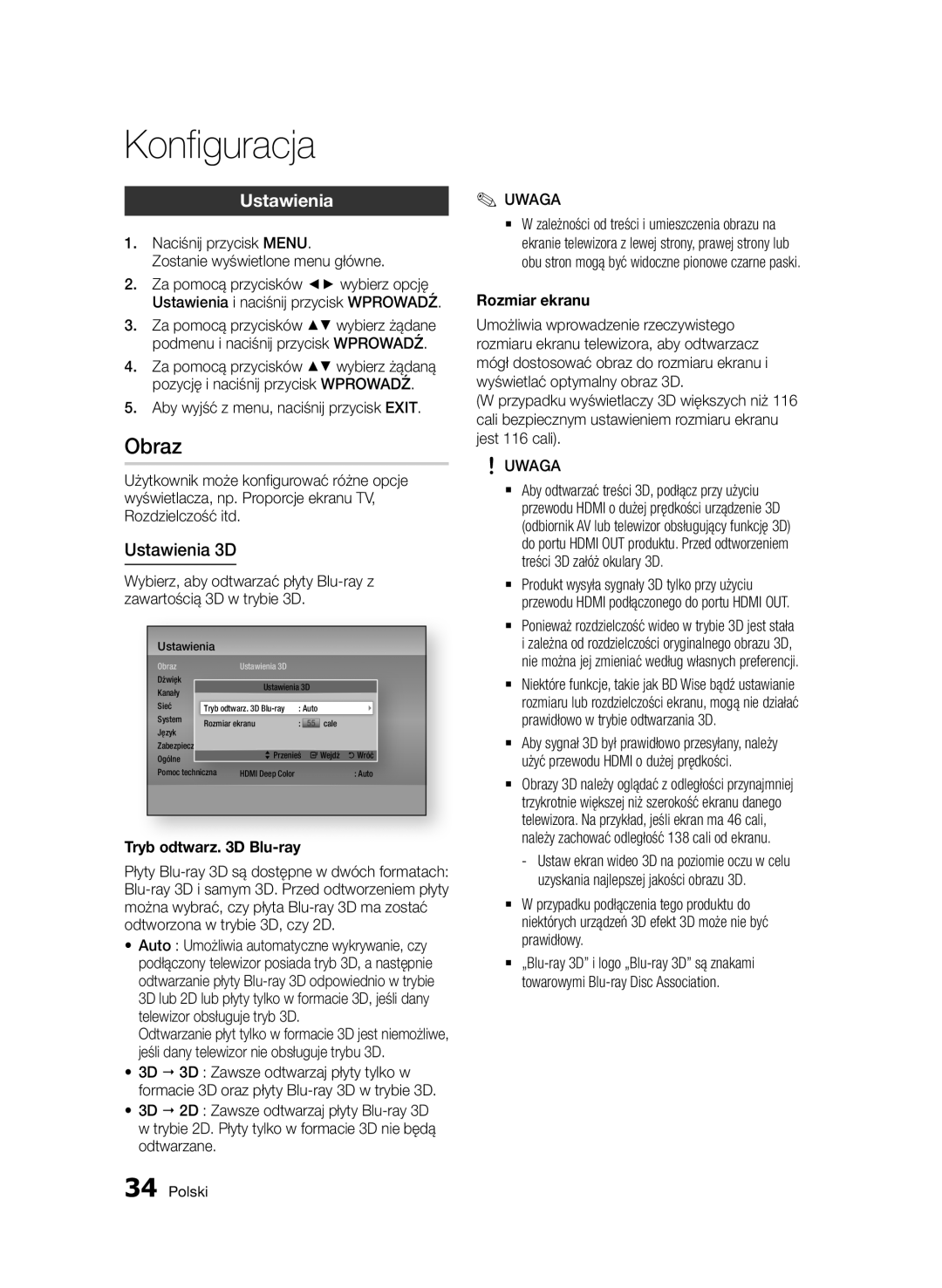 Samsung BD-D6900/XN, BD-D6900/EN, BD-D6900/ZF manual Obraz, Ustawienia 3D, Tryb odtwarz D Blu-ray, Rozmiar ekranu 