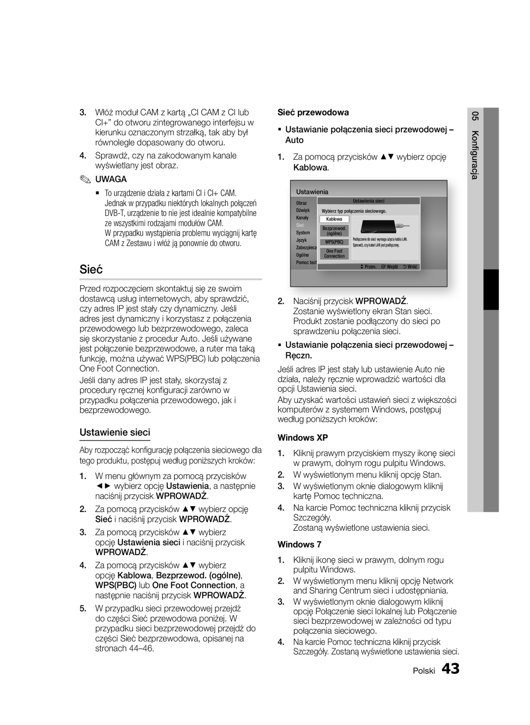 Samsung BD-D6900/XN, BD-D6900/EN, BD-D6900/ZF manual Ustawienie sieci, Sieć przewodowa 