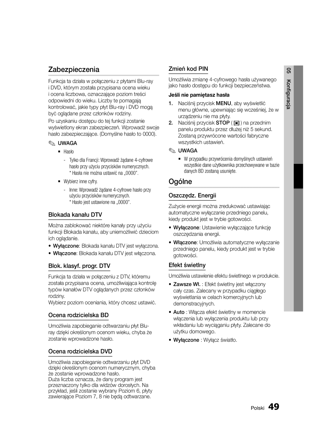 Samsung BD-D6900/XN, BD-D6900/EN, BD-D6900/ZF manual Zabezpieczenia, Ogólne 