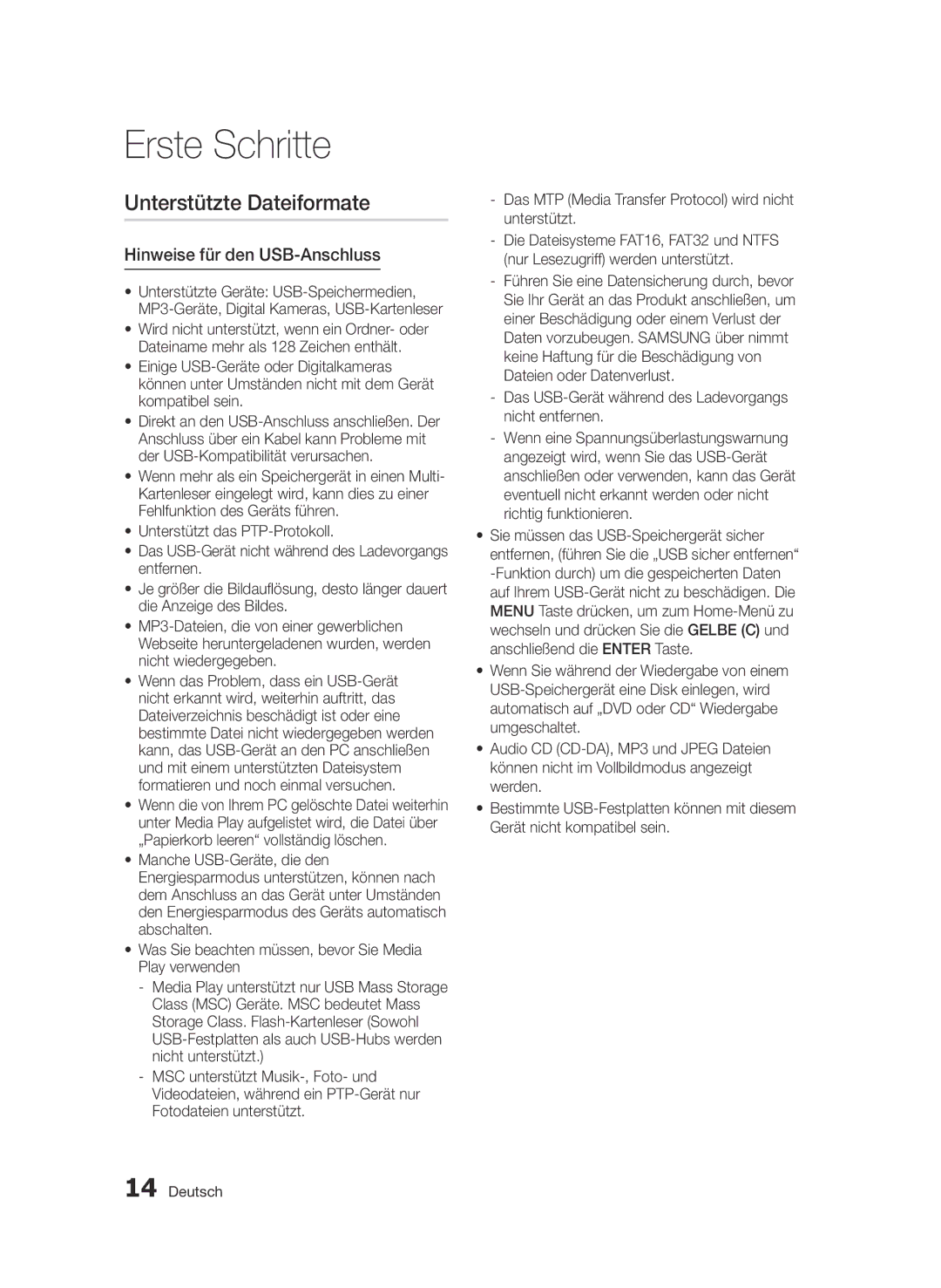 Samsung BD-D6900/ZF, BD-D6900/XN, BD-D6900/EN manual Unterstützte Dateiformate, Hinweise für den USB-Anschluss 