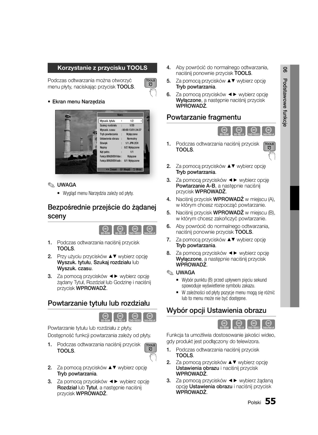 Samsung BD-D6900/XN manual Bezpośrednie przejście do żądanej sceny, Powtarzanie tytułu lub rozdziału, Powtarzanie fragmentu 