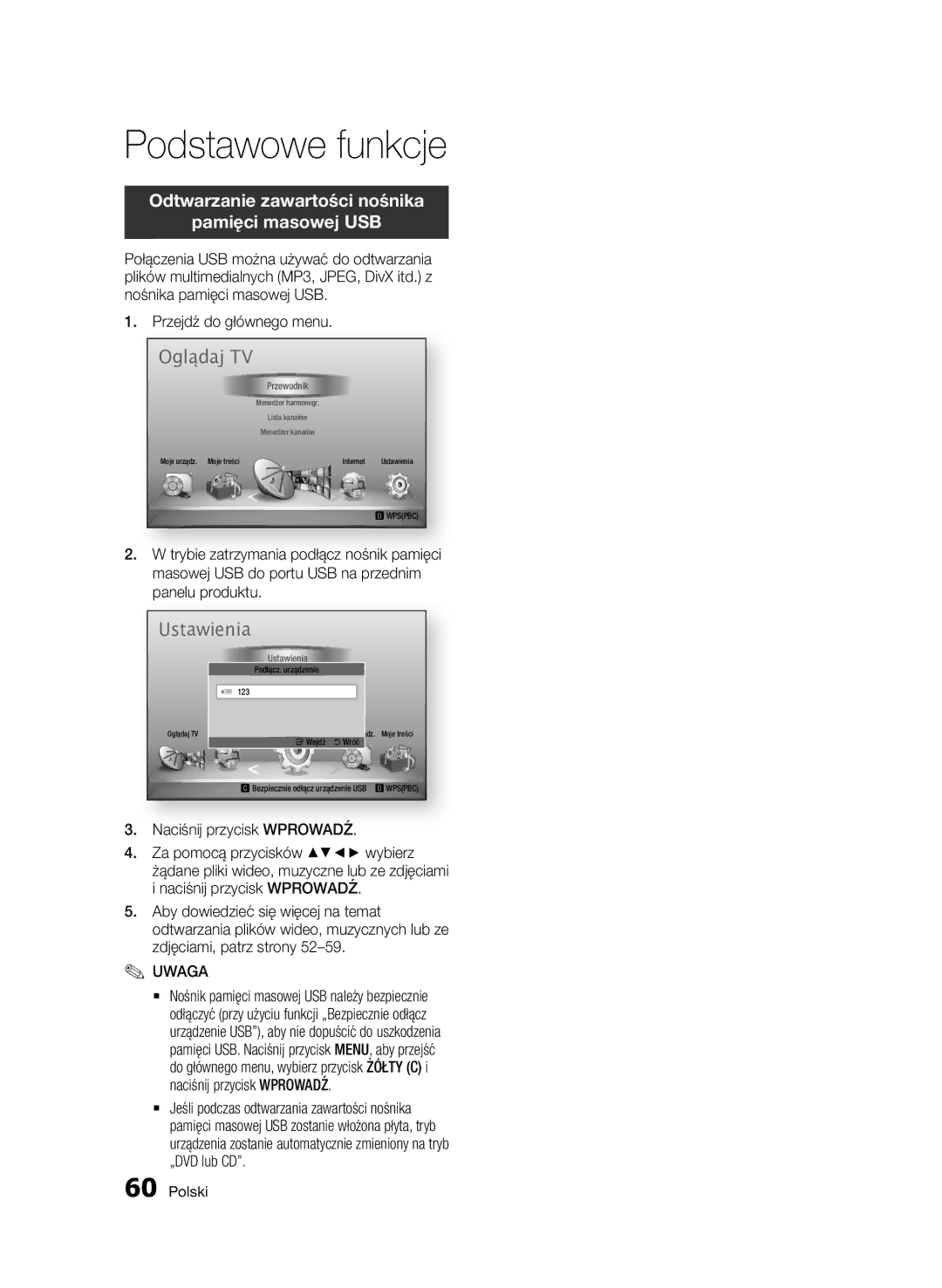 Samsung BD-D6900/ZF, BD-D6900/XN, BD-D6900/EN manual Podstawowe funkcje, Odtwarzanie zawartości nośnika Pamięci masowej USB 