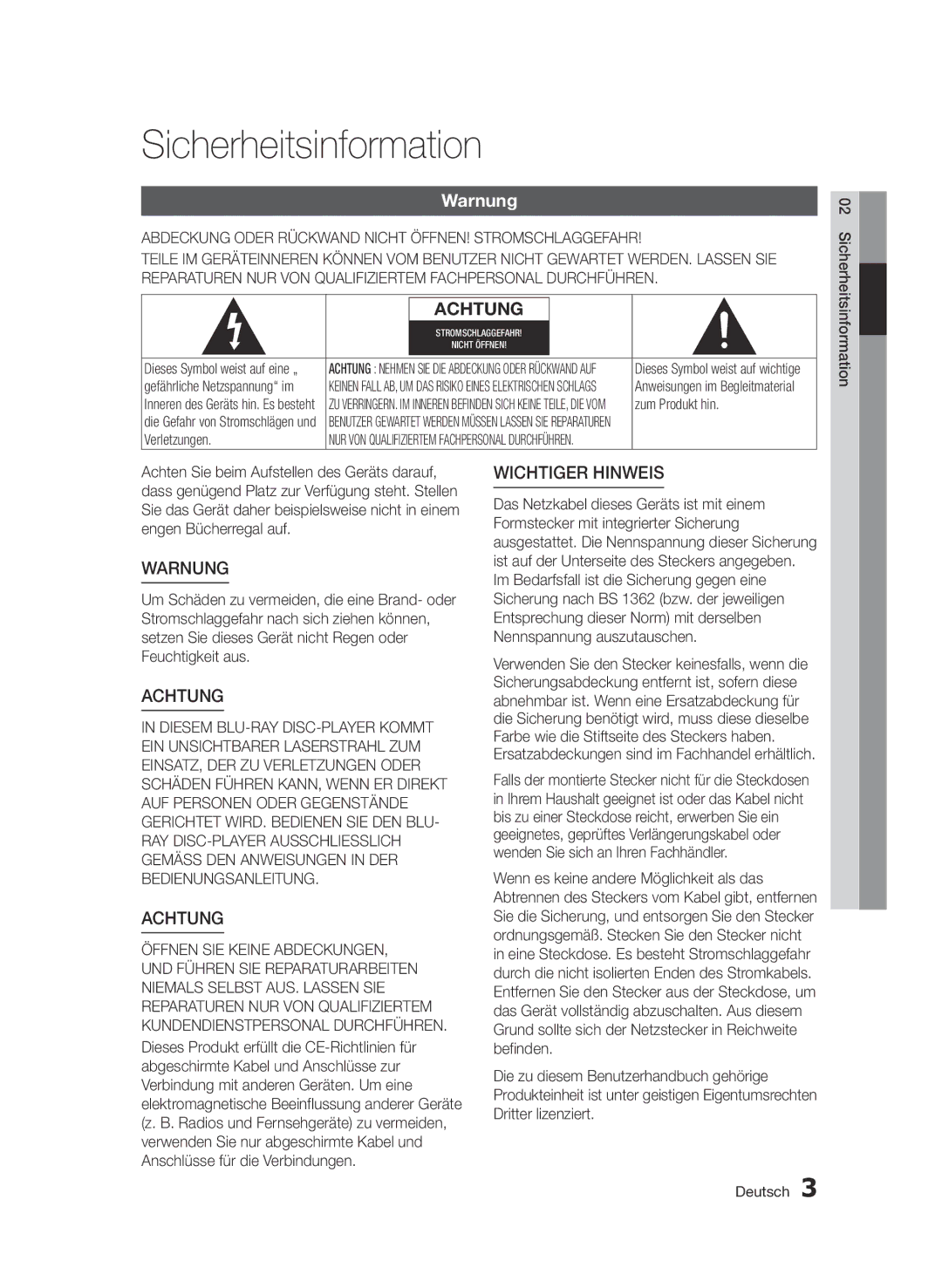 Samsung BD-D6900/XN, BD-D6900/EN Sicherheitsinformation, Warnung, Abdeckung Oder Rückwand Nicht ÖFFNEN! Stromschlaggefahr 