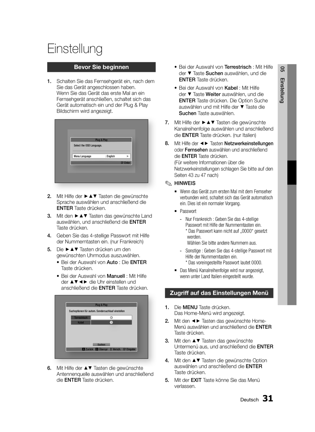 Samsung BD-D6900/EN, BD-D6900/XN, BD-D6900/ZF manual Bevor Sie beginnen, Zugriff auf das Einstellungen Menü 