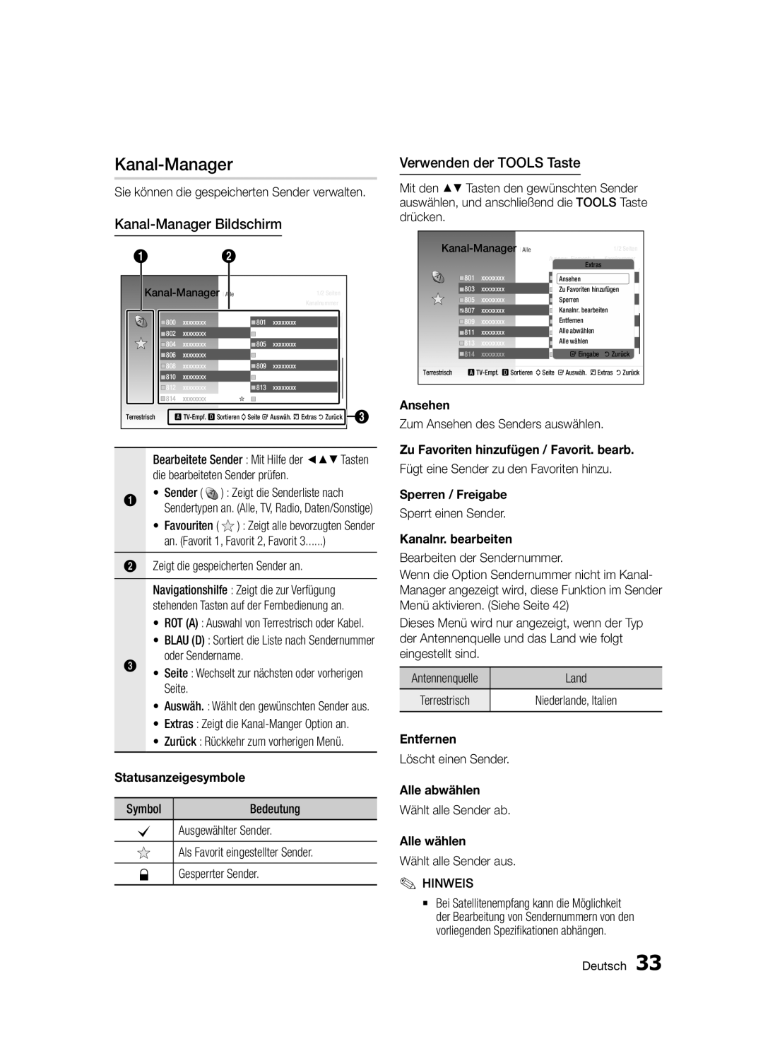 Samsung BD-D6900/XN, BD-D6900/EN, BD-D6900/ZF manual Kanal-Manager Bildschirm, Verwenden der Tools Taste 