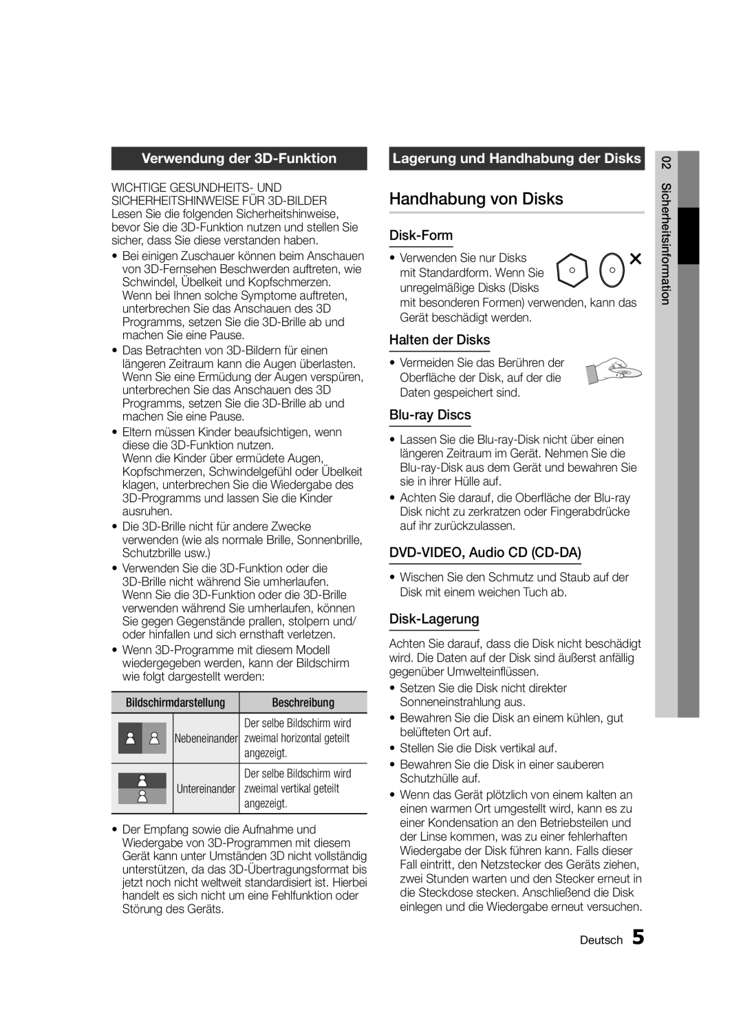 Samsung BD-D6900/ZF, BD-D6900/XN manual Handhabung von Disks, Verwendung der 3D-Funktion, Lagerung und Handhabung der Disks 