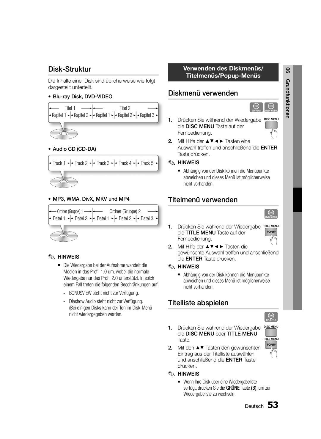 Samsung BD-D6900/ZF, BD-D6900/XN, BD-D6900/EN Disk-Struktur, Diskmenü verwenden, Titelmenü verwenden, Titelliste abspielen 